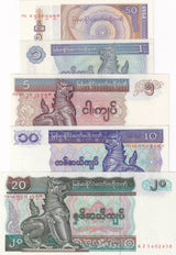 Burma Myanmar Set 5 UNC 50 Pyas 1 5 10 20 Kyats ND 1990 1998 P 68 69 70 71 72