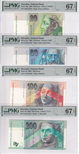 Slovakia Set 4; 20-100 200 Korun 2004-2006 P 20 21 P 44 45 Superb UNC PMG 67 EPQ