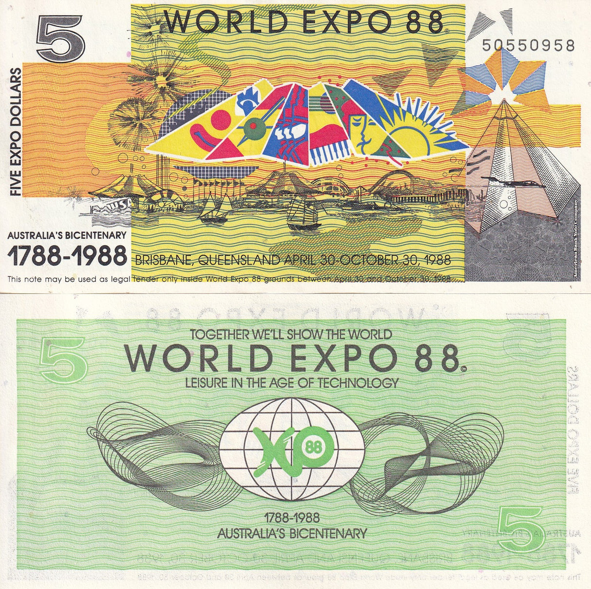 Australia 5 WORLD EXPO 1988 Bicentenary 1788-1988 Brisbane Queensland UNC