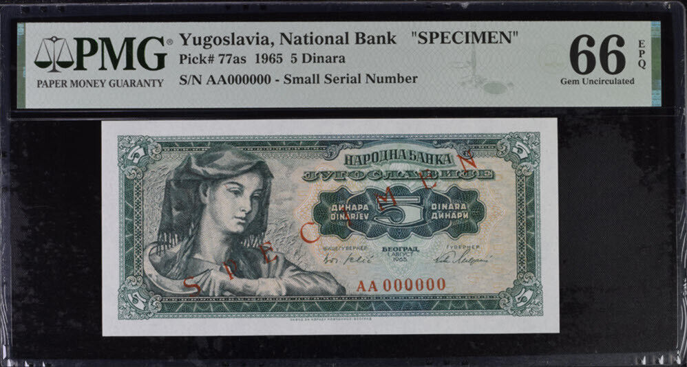 Yugoslavia 5 Dinara 1965 P 77 as SPECIMEN Gem UNC PMG 66 EPQ