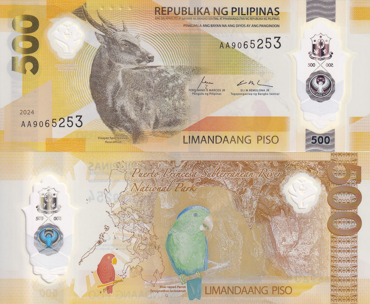 Philippines 500 Piso 2024 Deer Parrot Polymer P 240 AA Prefix Polymer UNC