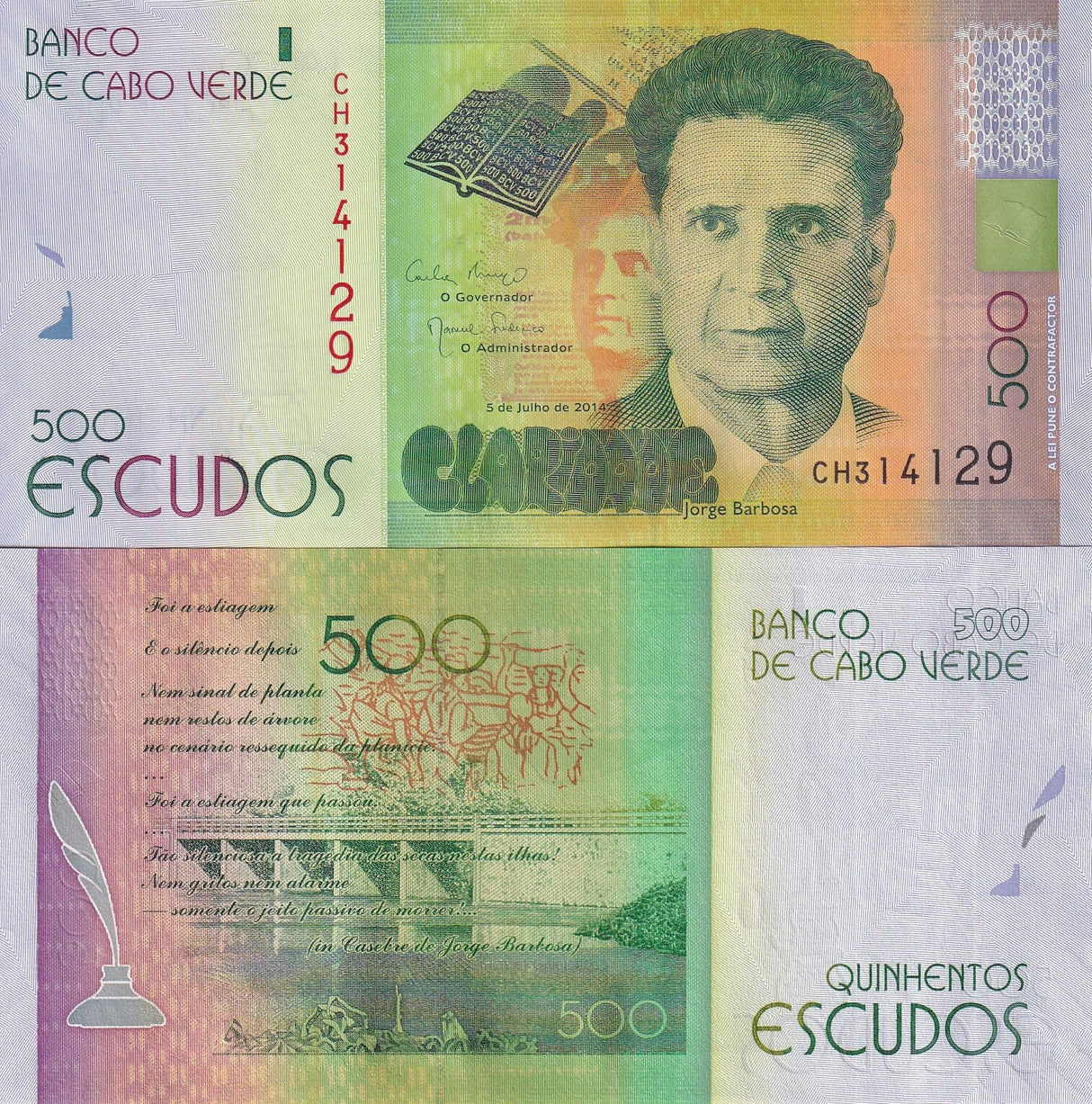 Cape Verde 500 Escudos 2014 P 72 UNC, Jorge Barbosa Banco de Cabo Verde