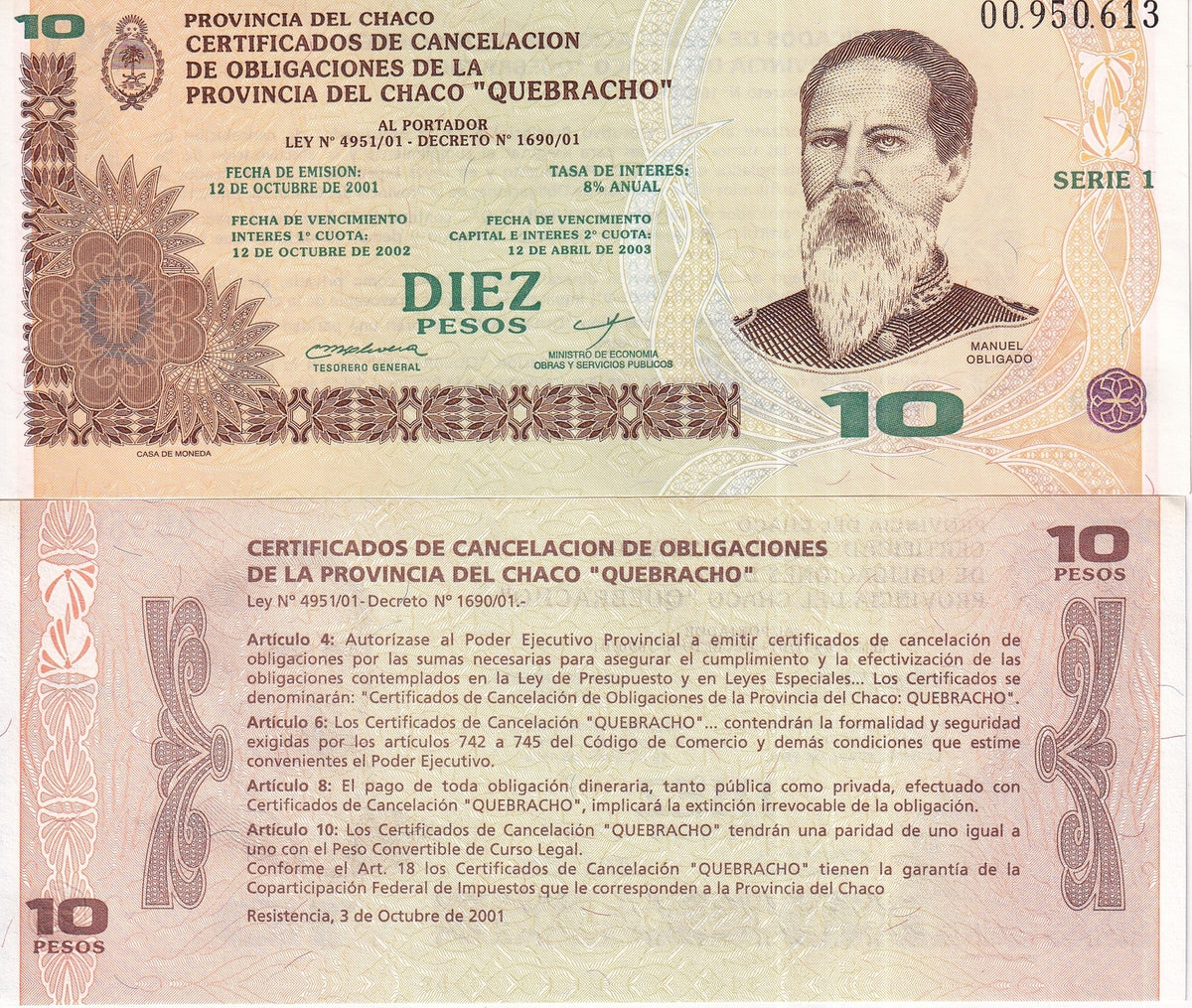 Argentina 10 Pesos 2001 Emergency Chaco UNC