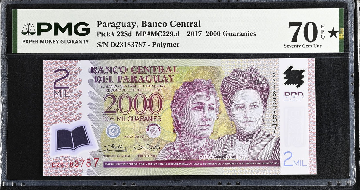 Paraguay 2000 Guaranies 2017 P 228 d Superb Gem UNC PMG 70 EPQ Extra Star TOP