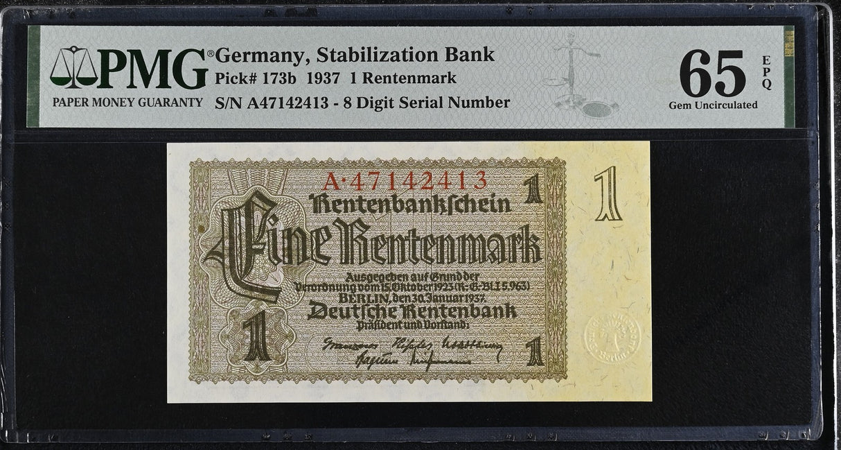 Germany 1 Rentenmark 1937 P 173 b Gem UNC PMG 65 EPQ