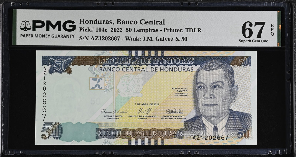 Honduras 50 Lempiras 2022 P 104 c Superb Gem UNC PMG 67 EPQ TOP POP