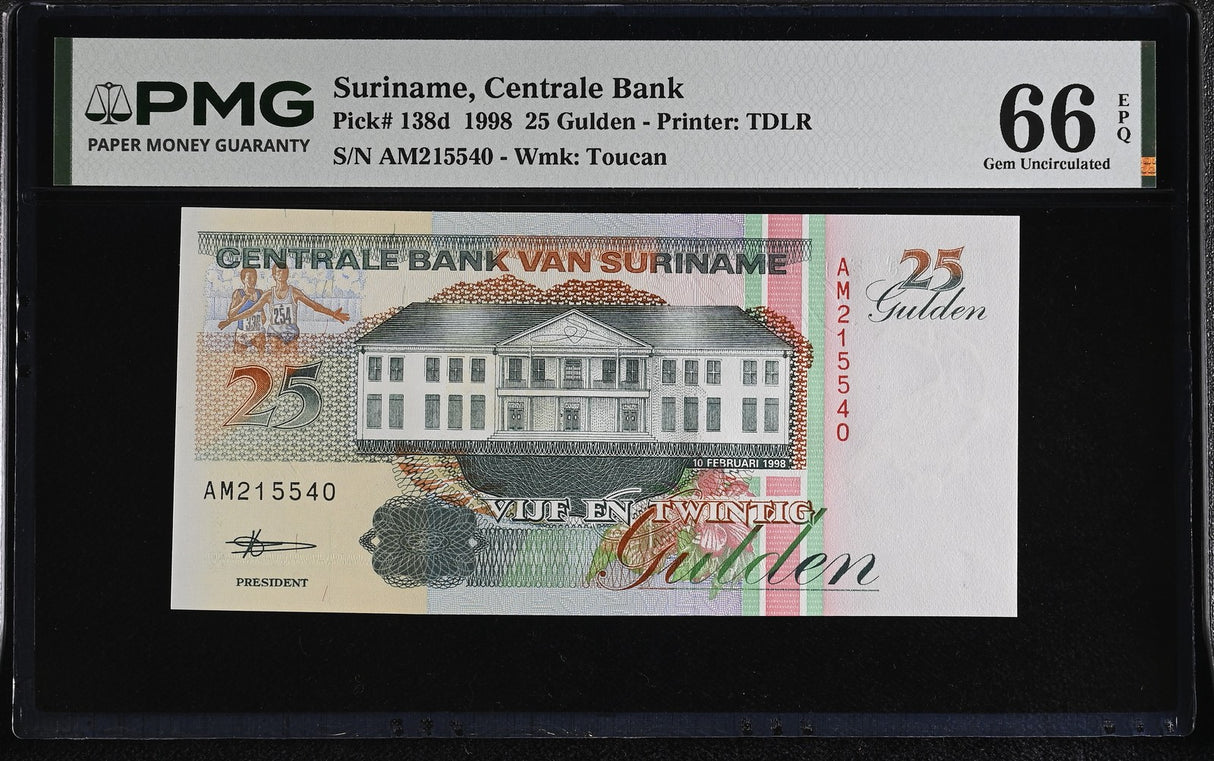 Suriname 25 Gulden 1998 P 138 d Gem UNC PMG 66 EPQ , Printer TDLR