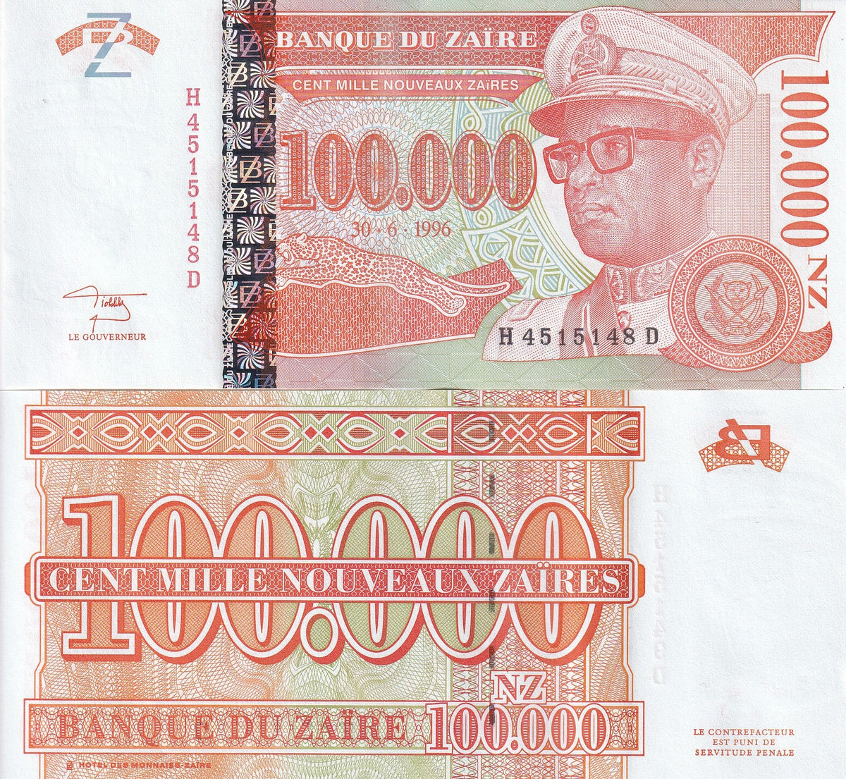 Zaire 100000 Nouveaux Zaires 1996 HDMZ P 77 UNC