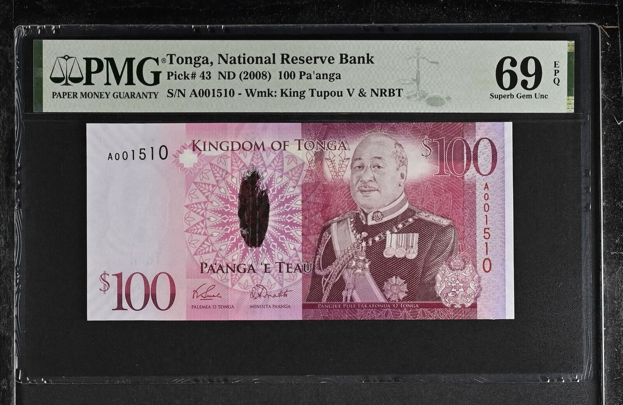Tonga 100 Pa'anga ND 2008 P 43 Superb Gem UNC PMG 69 EPQ Top Pop