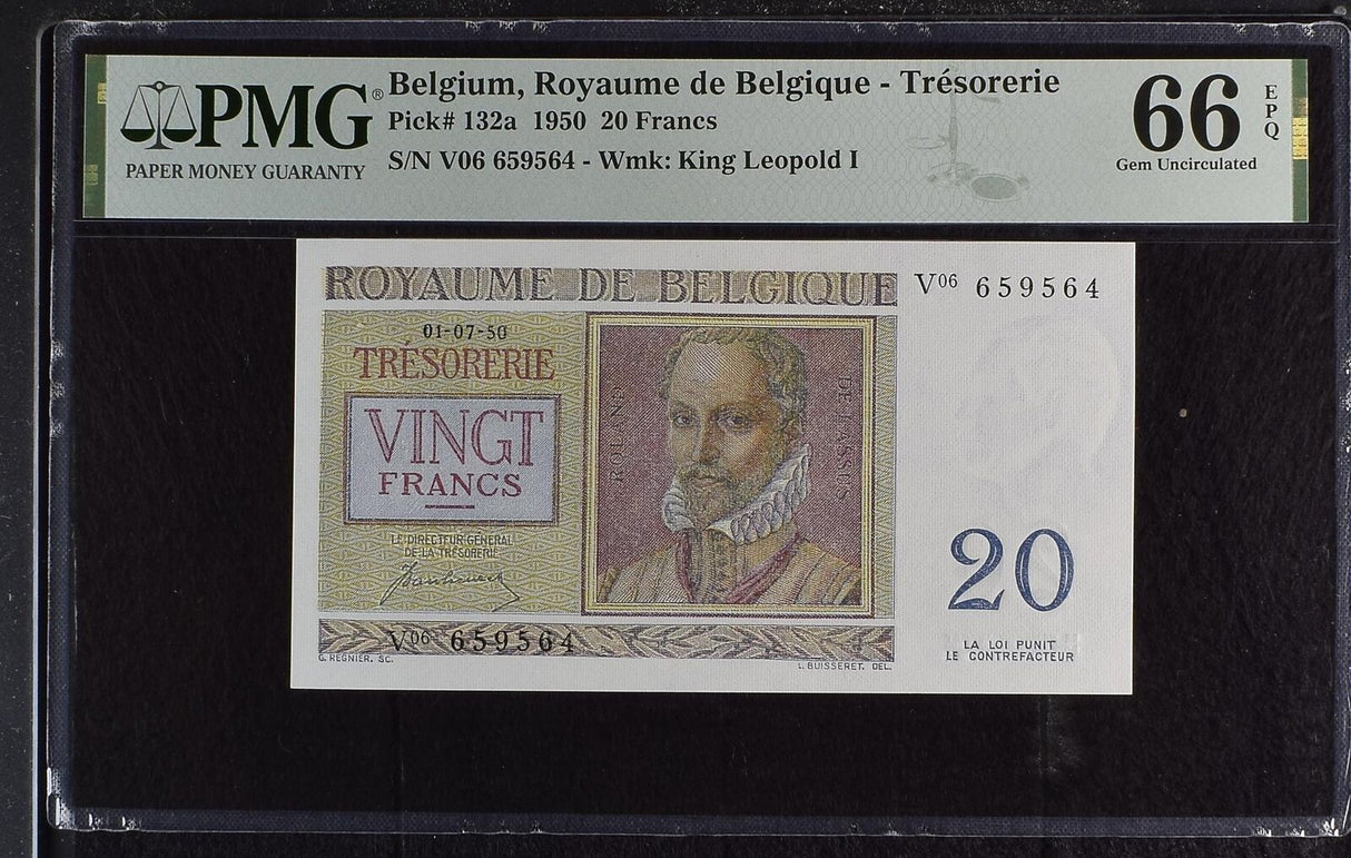 Belgium 20 Francs 1950 P 132 a Gem UNC PMG 66 EPQ