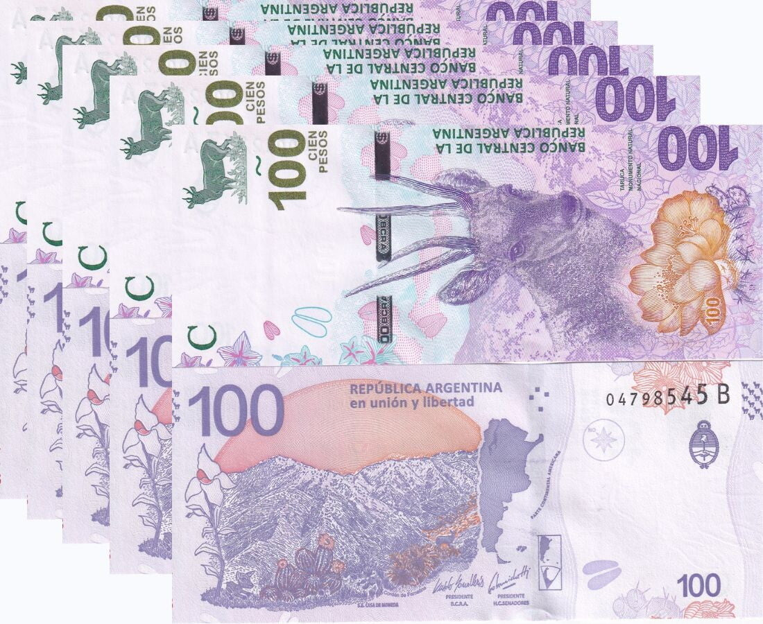 Argentina 100 Pesos 2018 Random Suffix P 363A UNC LOT 5 PCS ,Taruca