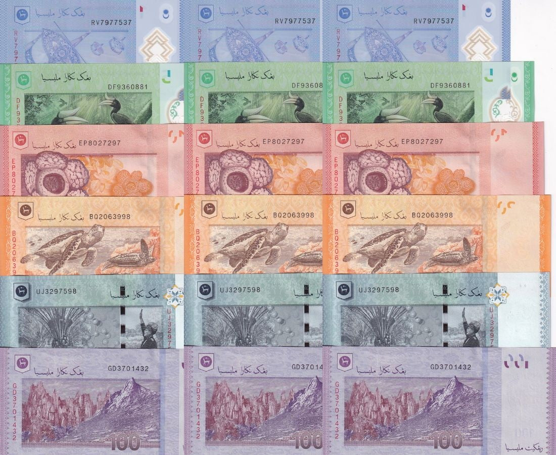 Malaysia Set 6 X LOT 3 = 18 UNC 1 5 10 20-100 Ringgit ND 2011-2024 P 50 P 56