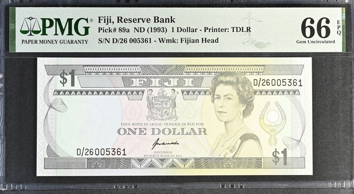 Fiji 1 Dollar ND 1993 P 89 a Gem UNC PMG 66 EPQ