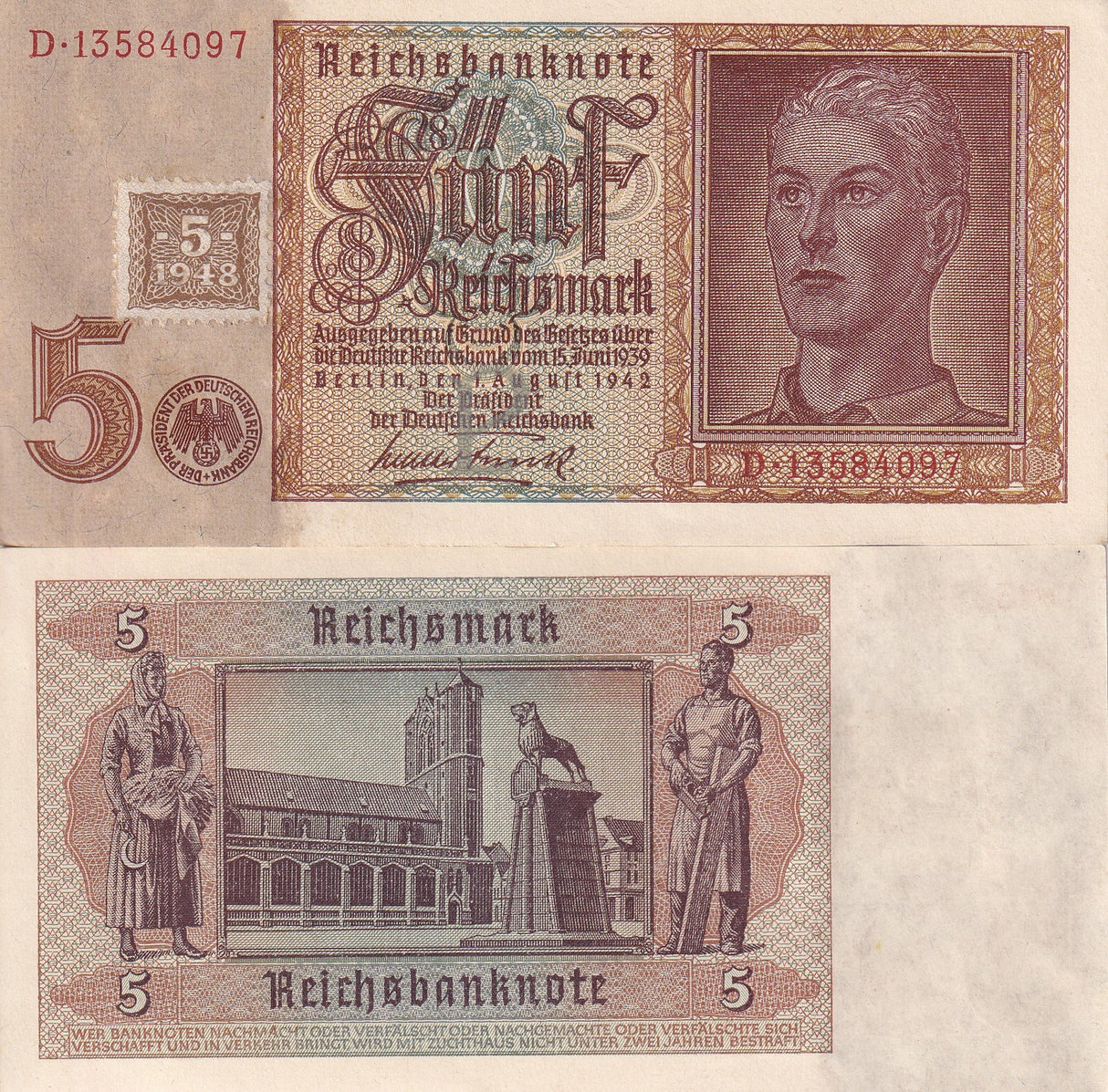 GERMAN DEMOCRATIC 5 Deutsche Mark 1948 P 3 Stamp on GERMANY P 186 AUnc