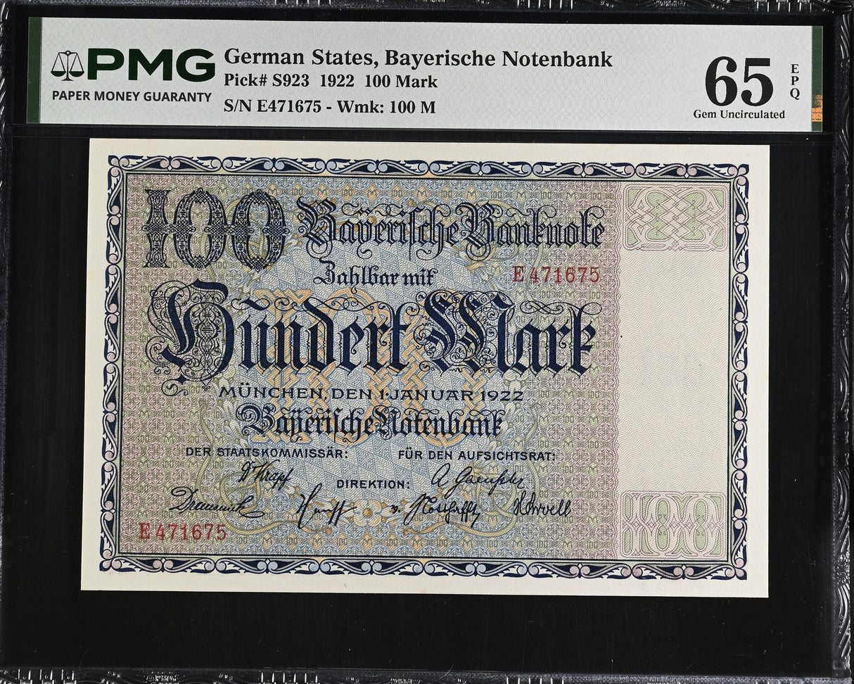 Germany 100 Mark 1922 P S923 Gem UNC PMG 65 EPQ