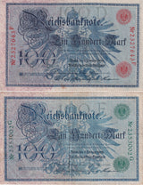 Germany SET 2 , 100 Mark 1908 Green + Red Seal P 33 34 Fine Used Circulated