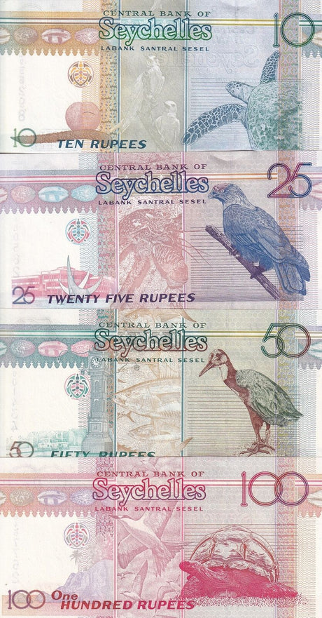 Seychelles Set 4 PCS 10 25 50 100 Rupees Radom Date P 36 37 38 39 UNC