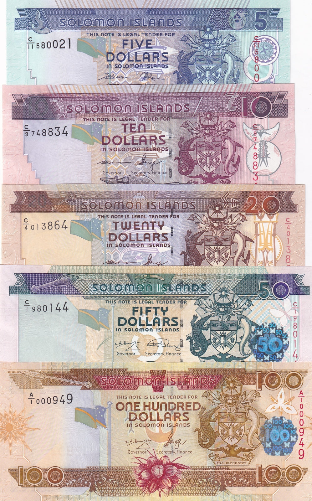 Solomon Islands Set 5 UNC 5 10 20 50 100 ND Random Year P 26 27 28 29 P 30