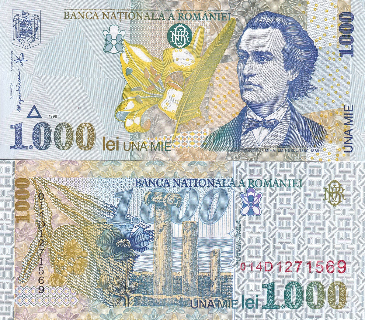 Romania 1000 Lei 1998 P 106 UNC , Mihai Eminescu,lily Ruins of Histria Fort