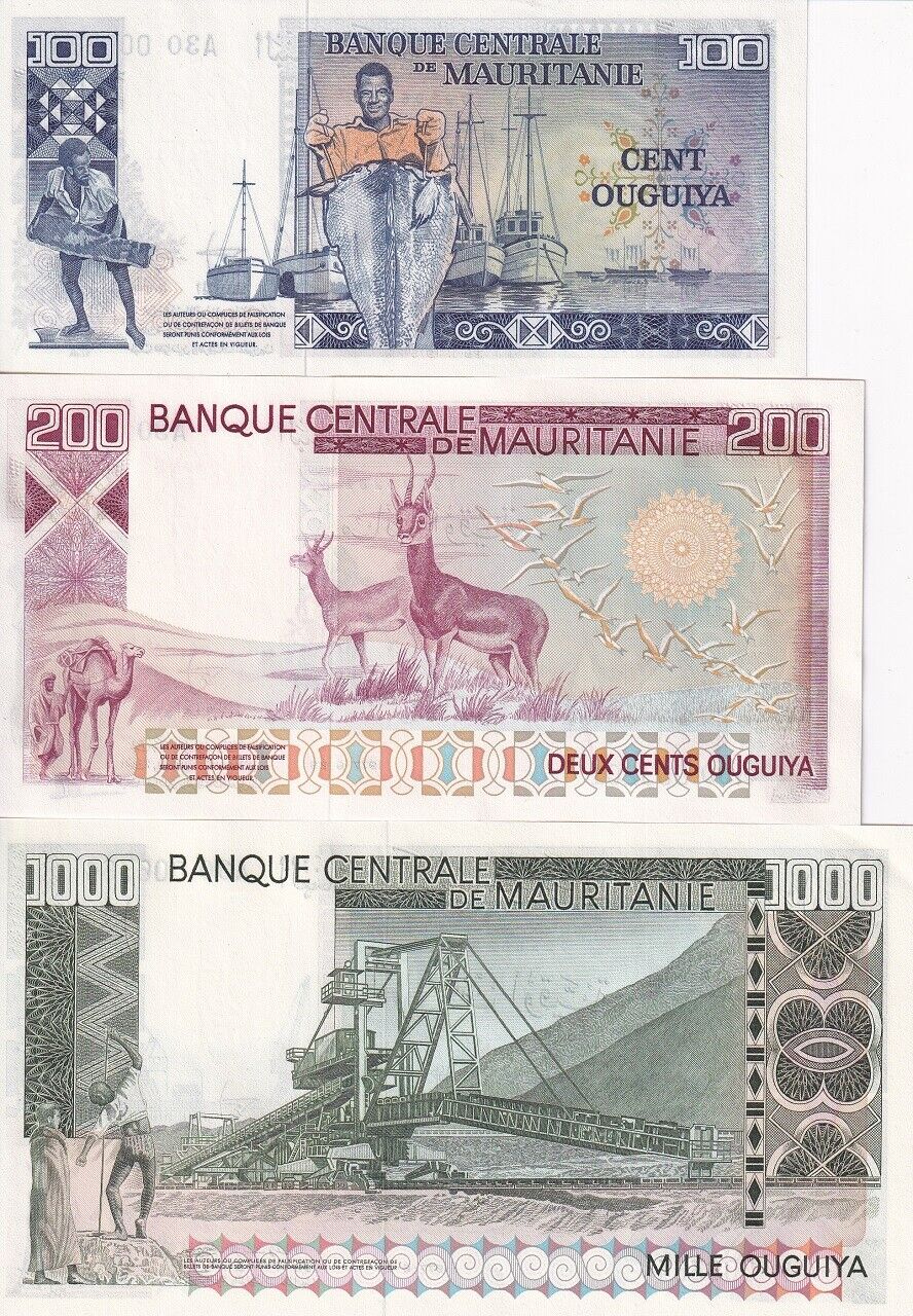 Mauritania SET 3 AU 100 200 1000 Ouguiya 1975 1977 P 3A 3B 3C Issue 2024 AUnc