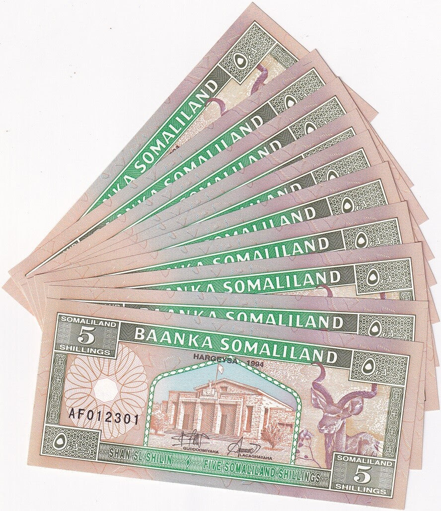 Somaliland 5 Shillings 1994 P 1 UNC LOT 10 PCS Camel caravan, Naasa Hablood