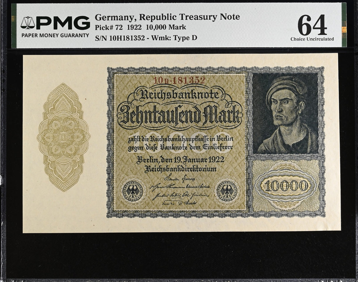 Germany 10000 Mark 1922 P 72 Choice UNC PMG 64 EPQ