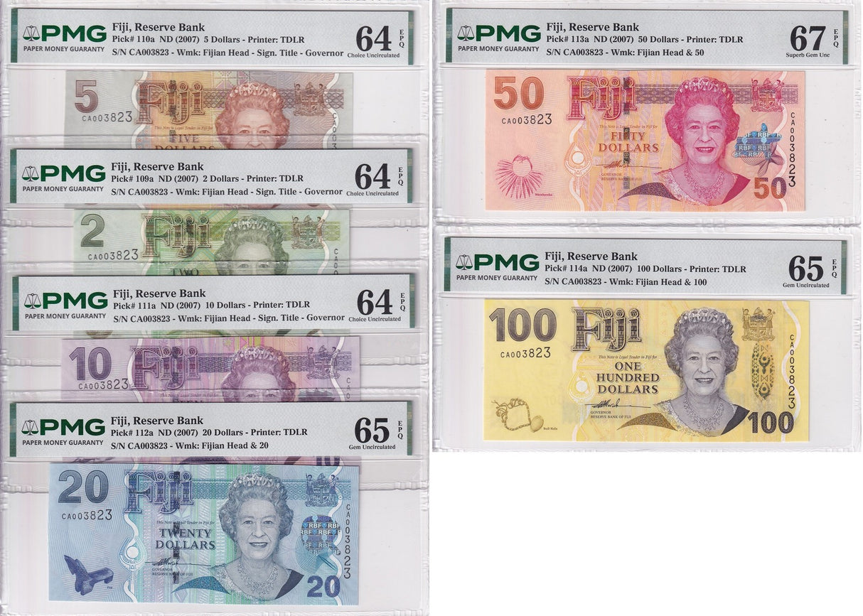Fiji SET 5; 2 5-100 Dollar 2007 Matching P 109-P114 Gem UNC PMG 64 65 67 EPQ
