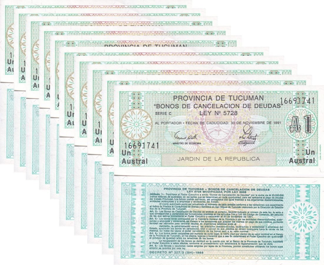 Argentina 1 Austral 1991 P S2711 UNC LOT 10 PCS, Provincia de Tucuman