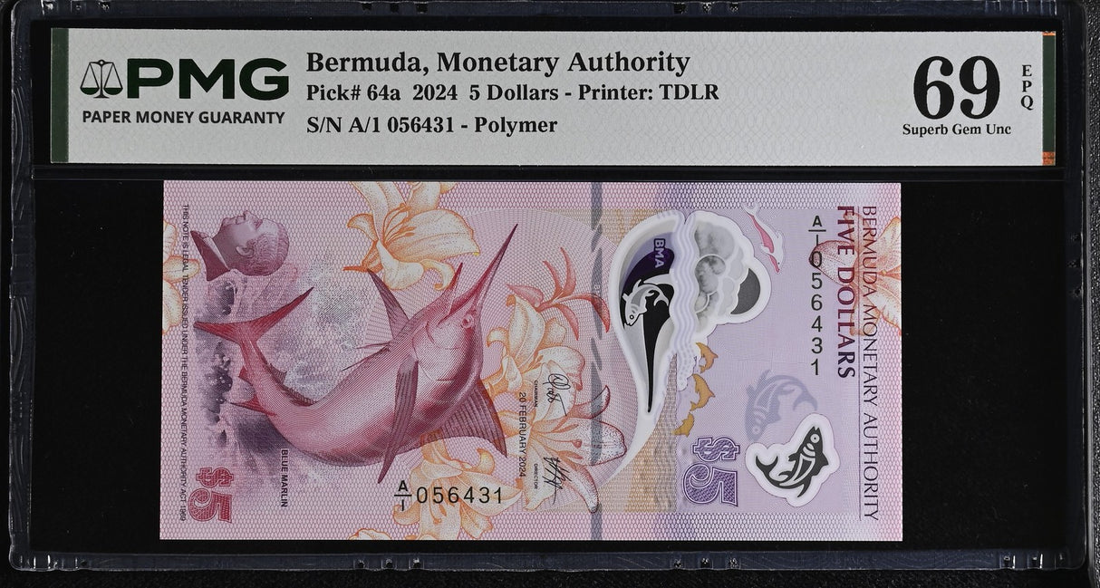 Bermuda 5 Dollars 2024 P 64 a Superb Gem UNC PMG 69 EPQ