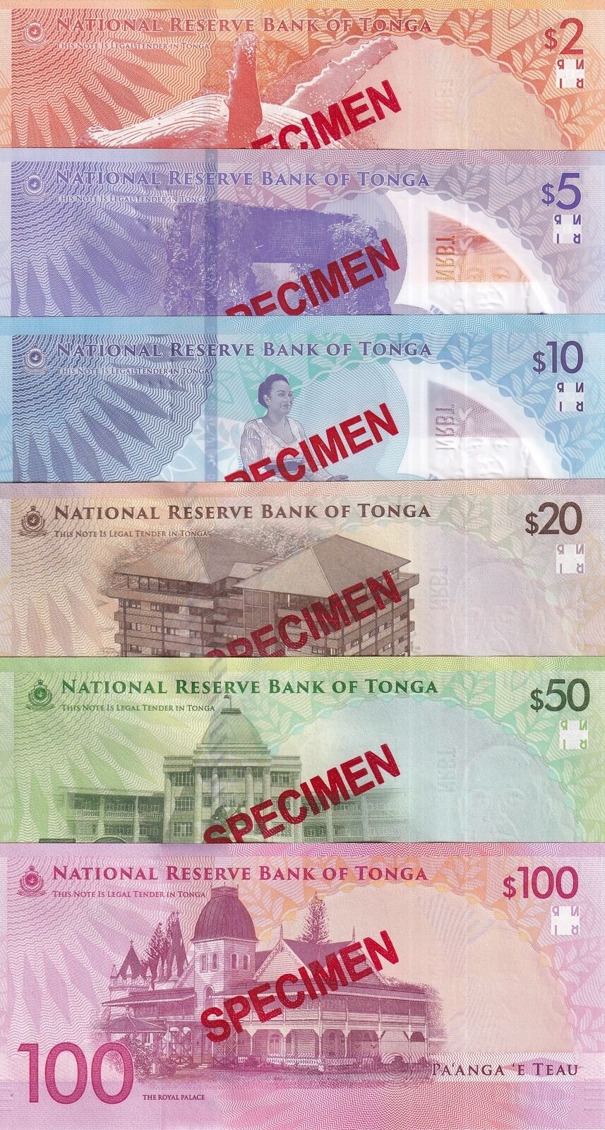 Tonga Set 6 UNC 2 20 50 100 (5 10 Polymer) Pananga 2023 2024 P 50 51-55 SPECIMEN