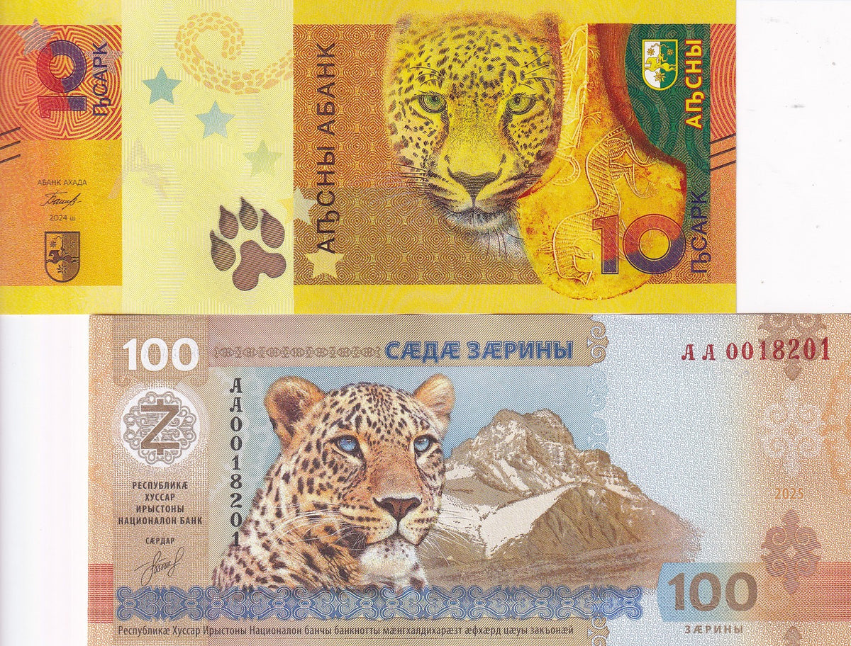 ABKHAZIA & South Ossetia SET 2 UNC 10 100 Apsar Zarin 2025 Commemorative TIGER