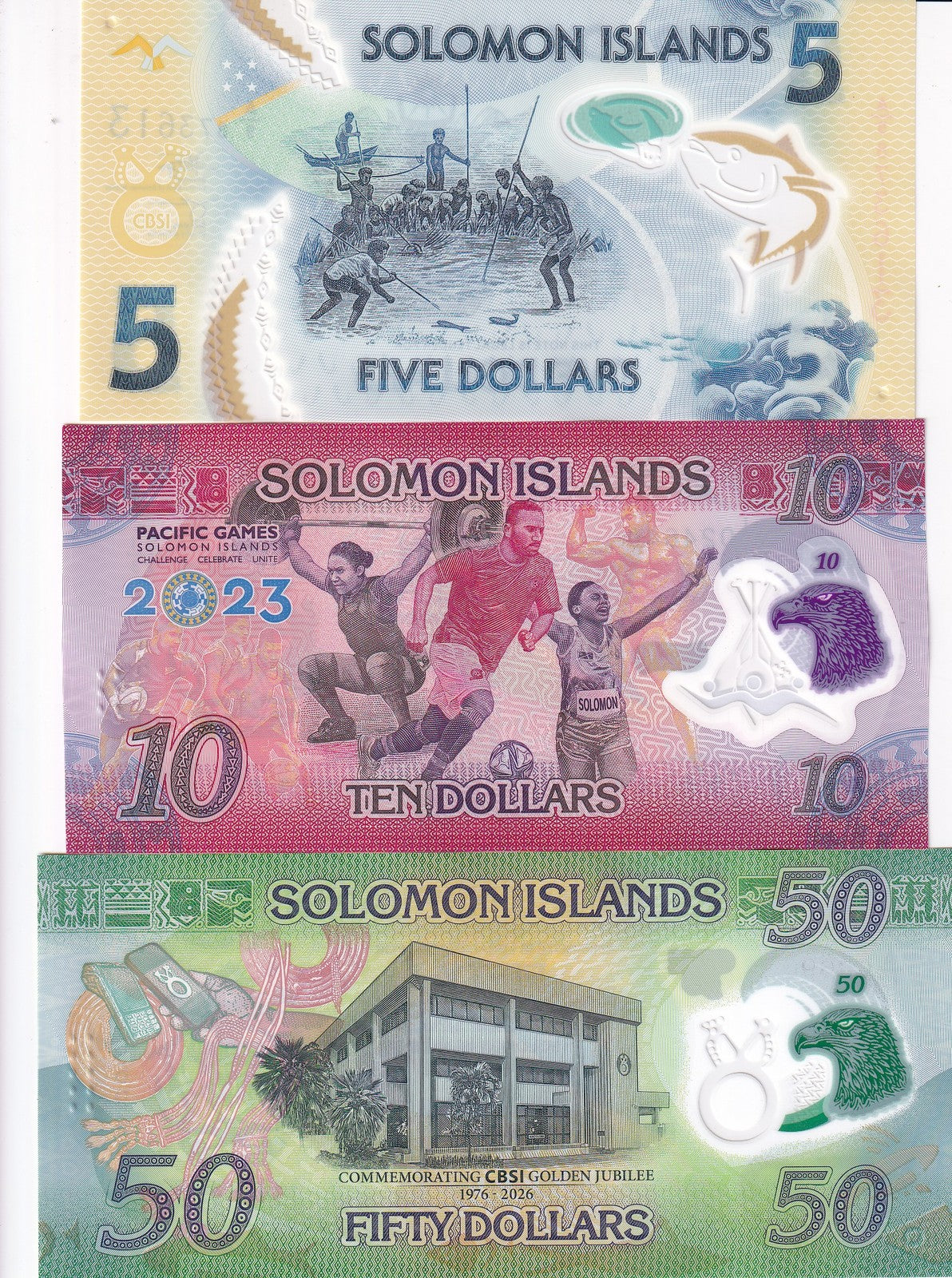 Solomon Islands Set 3 UNC 5 10 50 Dollars 2019 2023 2026 Polymer P 38 39 P New