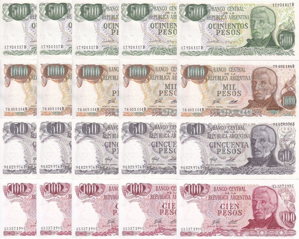 Argentina Set 4 X LOT 5 = 20 UNC 50 100 500 1000 Pesos ND 1976-83 P 301-304 UNC