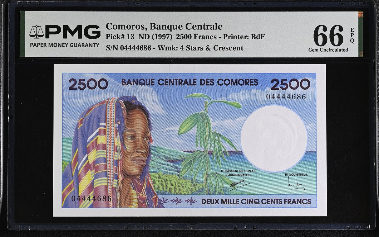 Comoros 2500 Francs ND 1997 P 13 Gem UNC PMG 66 EPQ ,Printer BdF