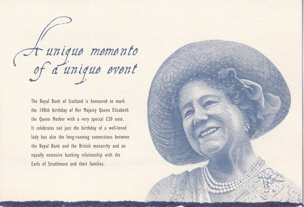 Scotland 20 Pound 2000 P 361 Commemorative 100th Queen Mother UNC W/Folder