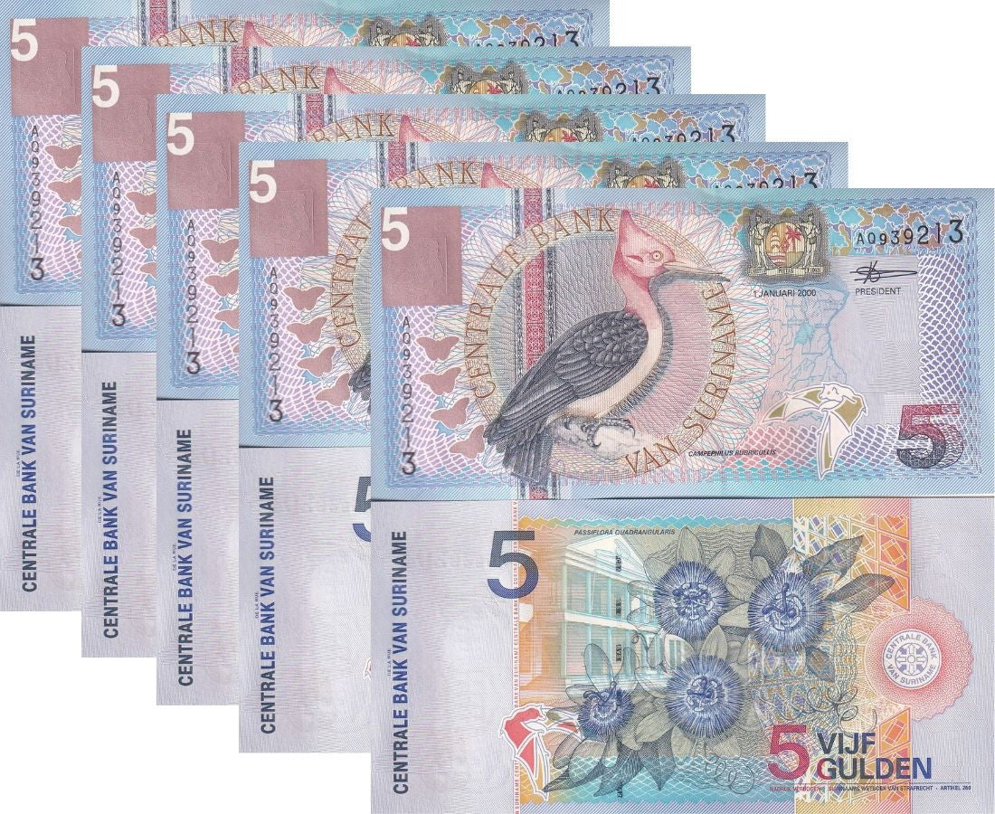 Suriname 5 Gulden 2000 P 146 Red-necked woodpecker LOT 5 UNC