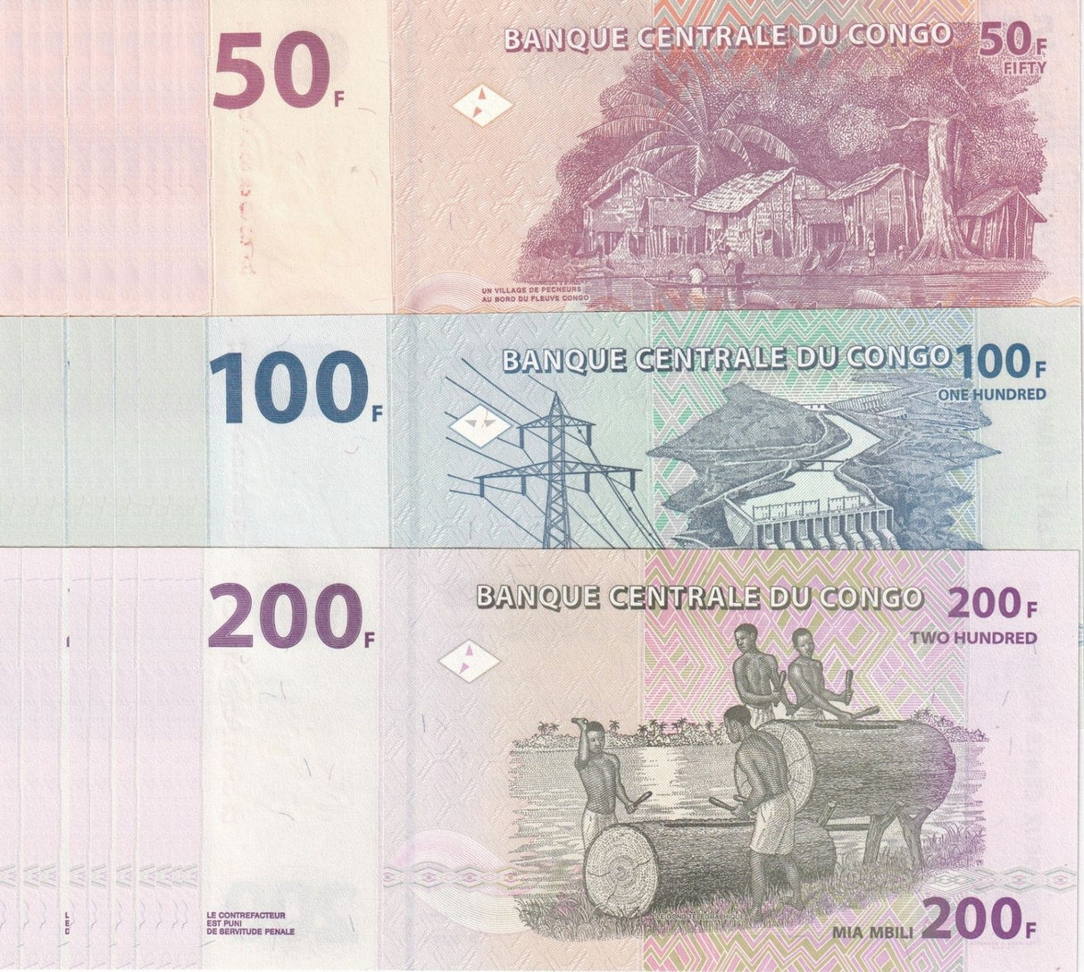 Congo Set 3 X LOT 10 = 30 UNC 50 100 200 Francs Random Date P 97 98 99