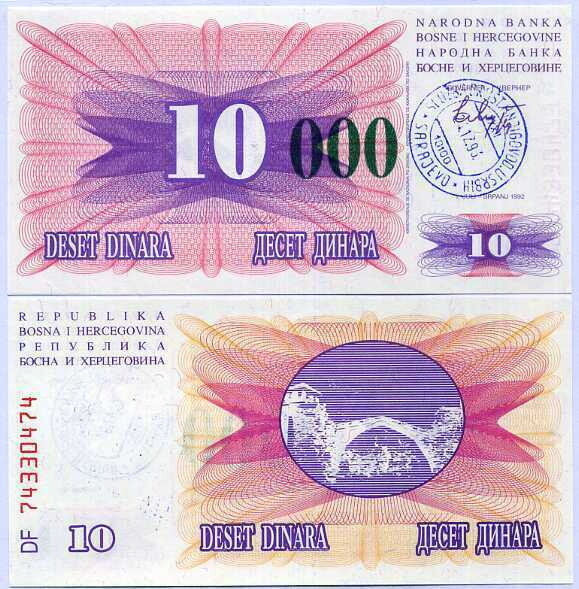 Bosnia 10000 Dinara 1993 P 53 g UNC ,Emergency Issue Handstamps