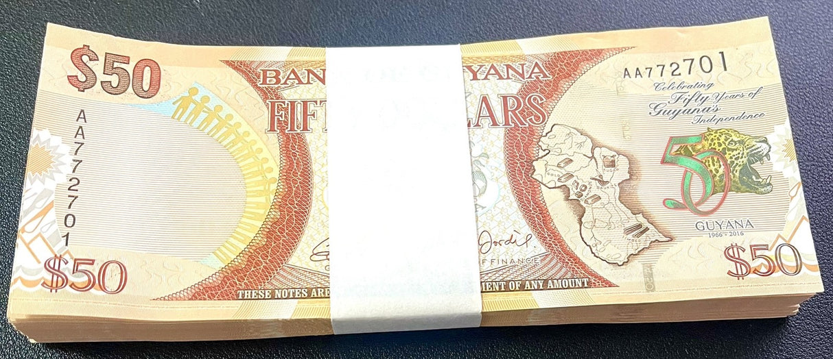 Guyana 50 Dollars ND 2016 P 41 Commemorative UNC LOT 100 Pcs 1 Bundle