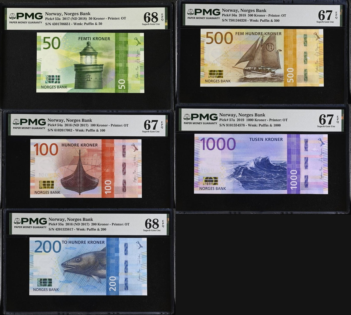 Norway Set 5; 50 100 200 500 1000 K. 2016-19 P 53-P 57 Superb UNC PMG 67 68 EPQ