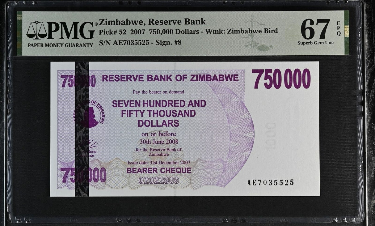 Zimbabwe 750000 Dollars Bearer Cheque 2007 P 52 Superb Gem UNC PMG 67 EPQ