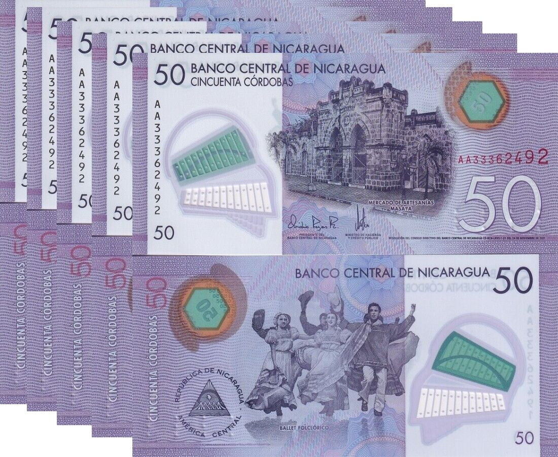 Nicaragua 50 Cordobas 2021 P 211 b Polymer UNC LOT 5 PCS