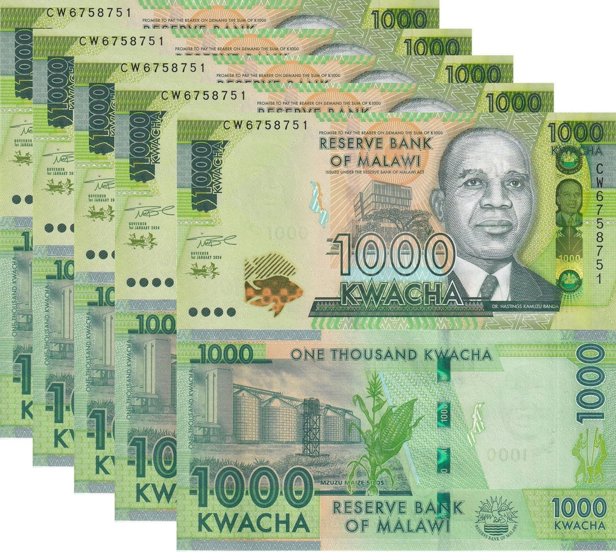 Malawi 1000 Kwacha 2024 P 67 UNC LOT 5 PCS