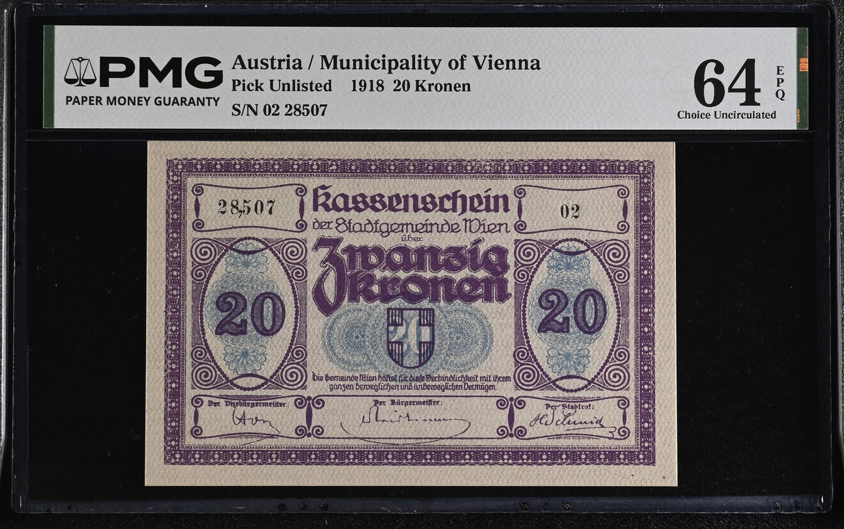 Austria 20 Kronen 1918 Choice UNC PMG 64 EPQ , Graded Note, Vienna
