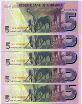 Zimbabwe 5 Dollars 2019 P 102 UNC LOT 5 PCS
