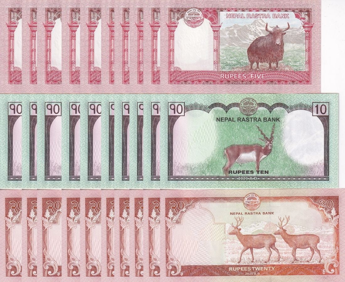 Nepal Set 3 x Lot 10 = 30 UNC 5 10 20 2020-2024 P 76 77 78, Sambar deers, Yak