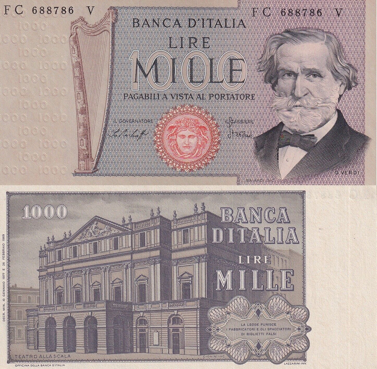 Italy 1000 Lire 1977 P 101 e UNC