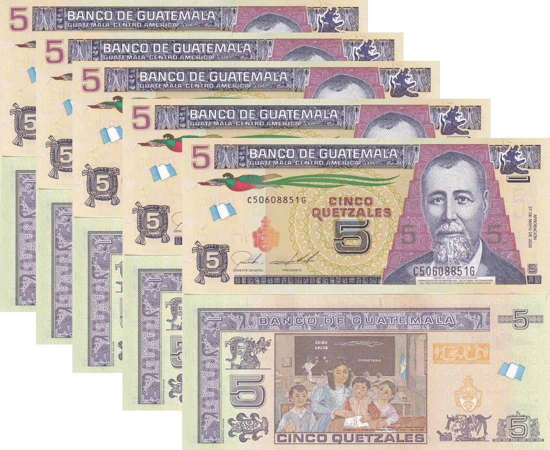 Guatemala 5 Quetzales 2020 P 122A UNC LOT 5 PCS ,General Justo Rufino Barrios