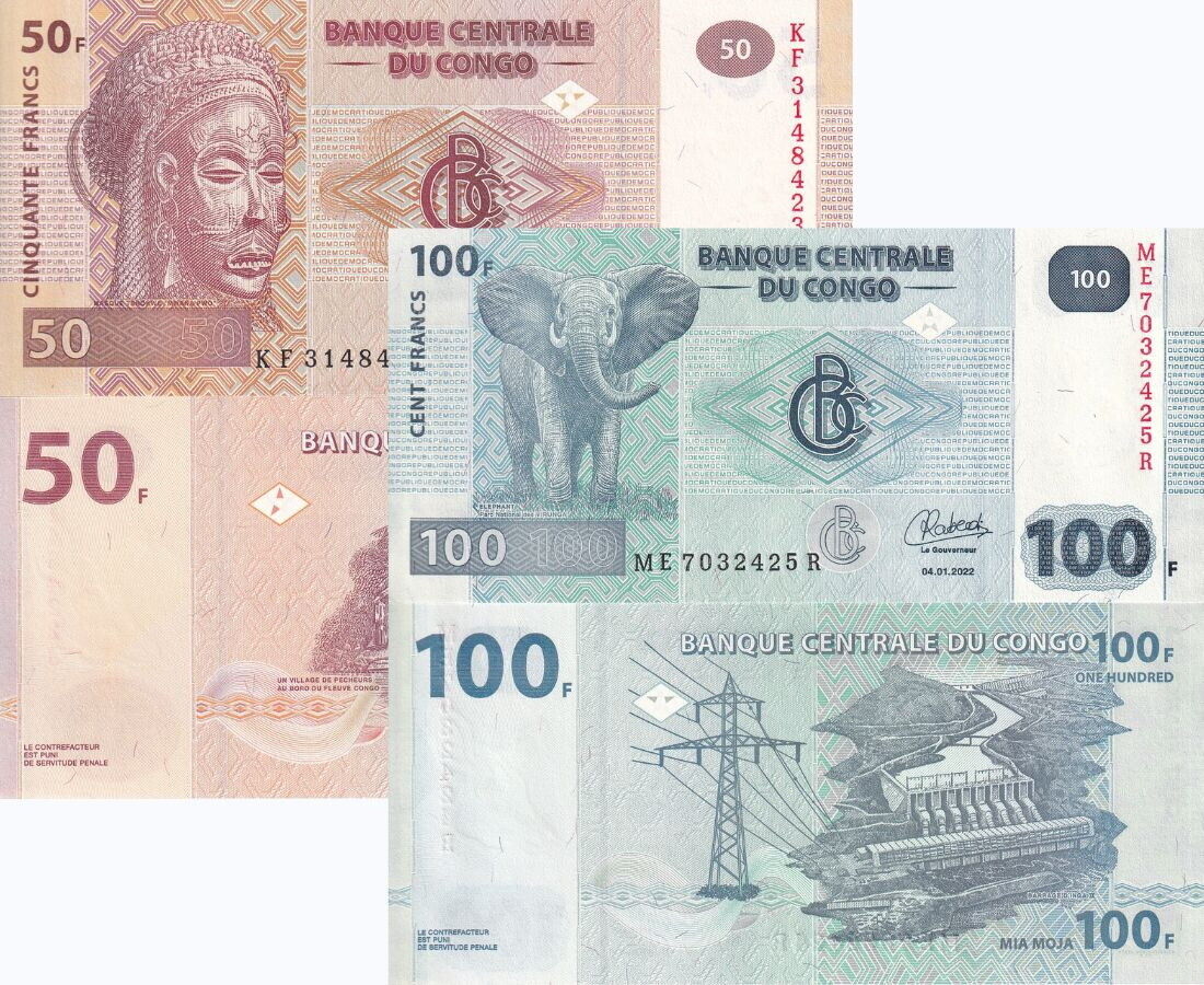 Congo Set 2 PCS 50 100 Francs 2022 P 97B P 98B New Sign UNC
