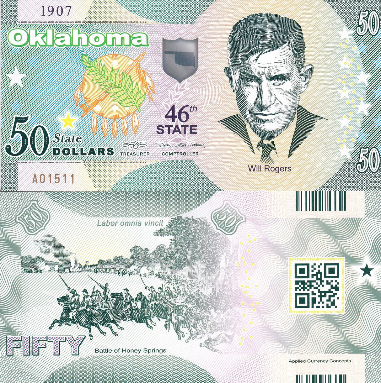 UNITED STATE USA. 50 Dollars 2020 POLYMER 46th Oklahoma Will Rogers